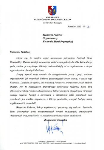 Pismo gratulacyjne od Marszałka Województwa dr. Mirosława Karapyty