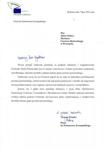 Pismo gratulacyjne od Posła do Parlamentu Europejskiego Tomasza Poręby